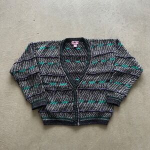 Vintage 90s Concrete Mix‎ Cardigan Sweater Size Large Gray Striped Fair Isle